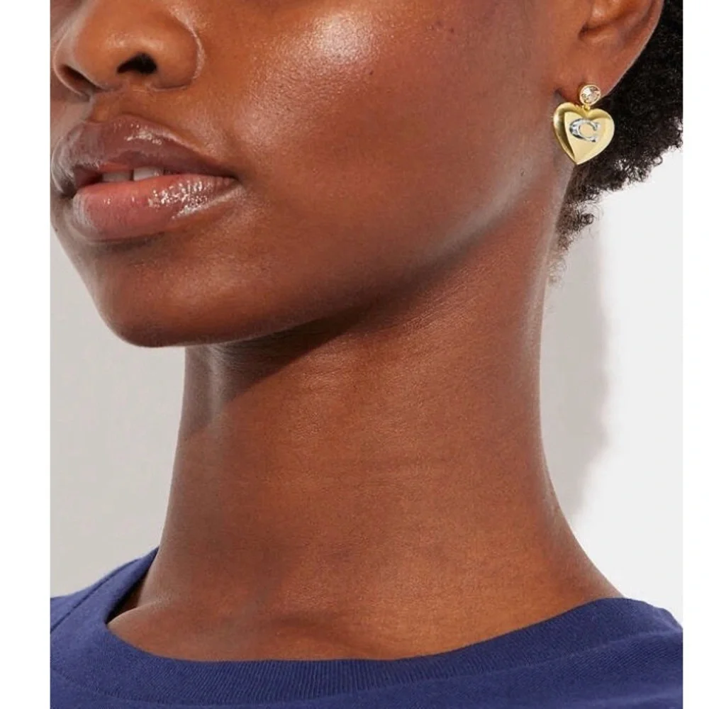 Coach gold plated puffy heart shape citrine gemstone look dangling stud earrings - Picture 13 of 14